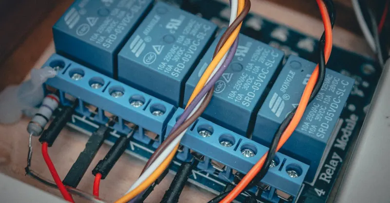 Blue relay modules with colorful wires connected on an electronic board.