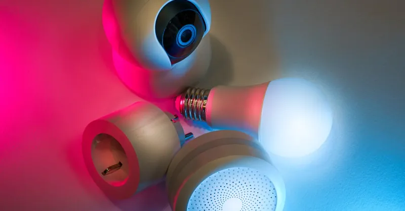 Smart home devices including camera, sensor, and bulb with ambient neon lighting. Ideal for tech concepts.