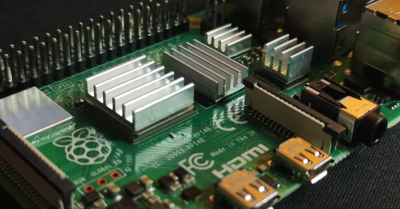 Detailed view of a Raspberry Pi circuit board with visible components and connections.