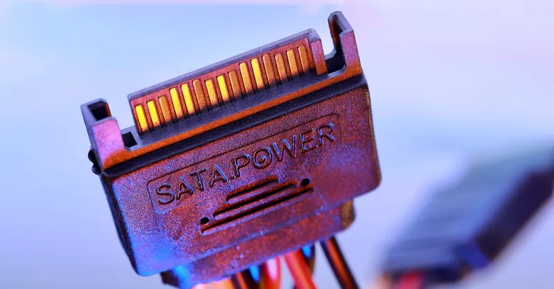 Detailed view of a SATA power cable connector with colorful wiring.