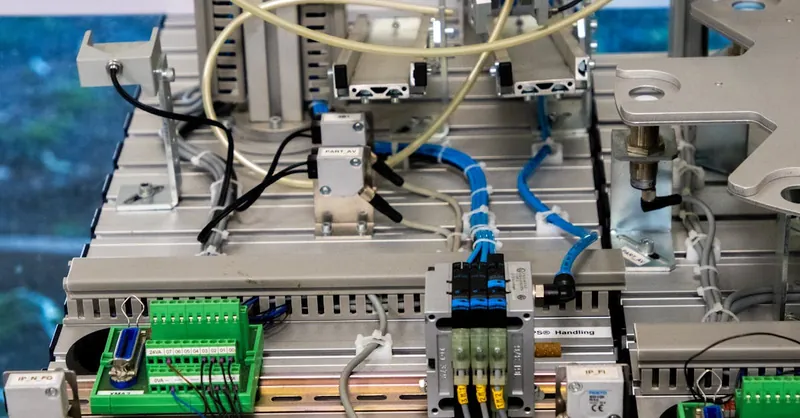 Close-up of industrial equipment showcasing electronic wiring and sensors in a manufacturing setup.