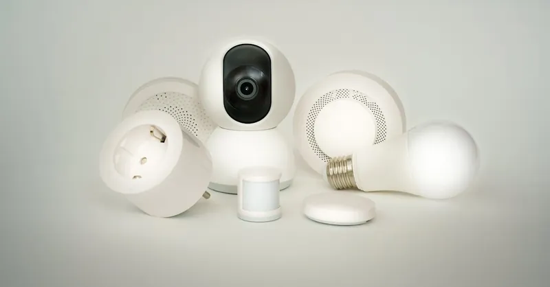 A collection of smart home devices including bulbs, sockets, and cameras on a white backdrop.