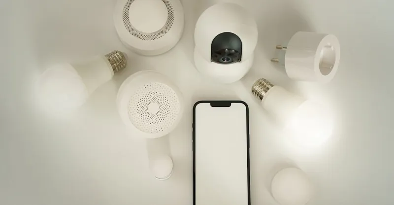 Flat lay of smart home devices with a smartphone controller on a white background.