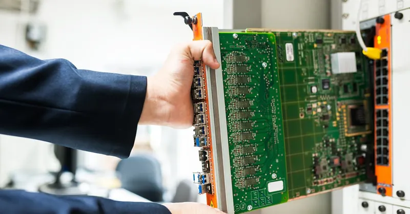 A technician inserts a circuit board into a server rack, illustrating technology and connectivity.