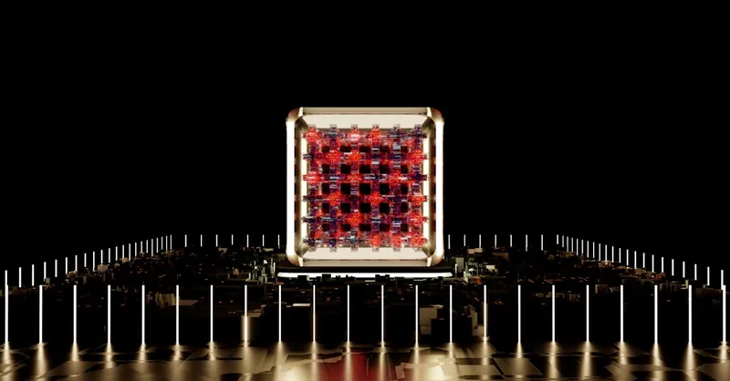 Abstract representation of a futuristic digital processor with glowing elements.
