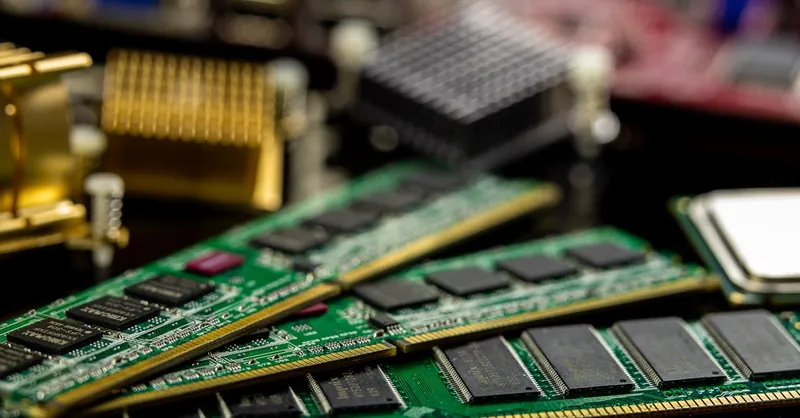 Detailed view of RAM sticks and microprocessors on a motherboard.