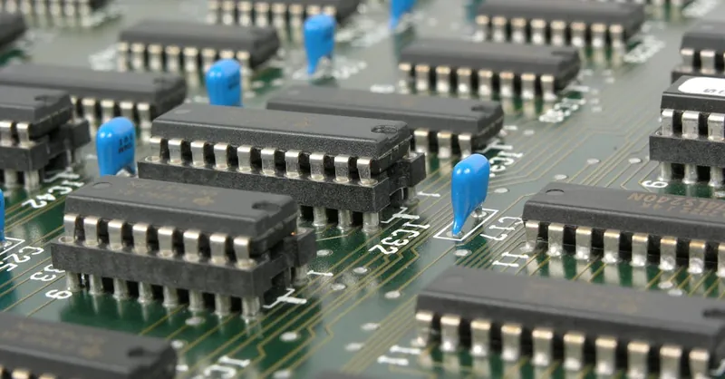 Detailed macro shot showcasing integrated circuits and components on electronic motherboard.