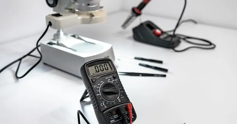 Electronics workbench with multimeter, microscope, and soldering iron.