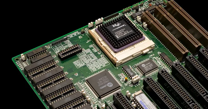 Detailed shot of a vintage motherboard showcasing microprocessor and electronic components.