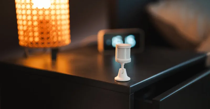 Stylish bedroom with smart motion sensor, lamp, and alarm clock on wooden nightstand.
