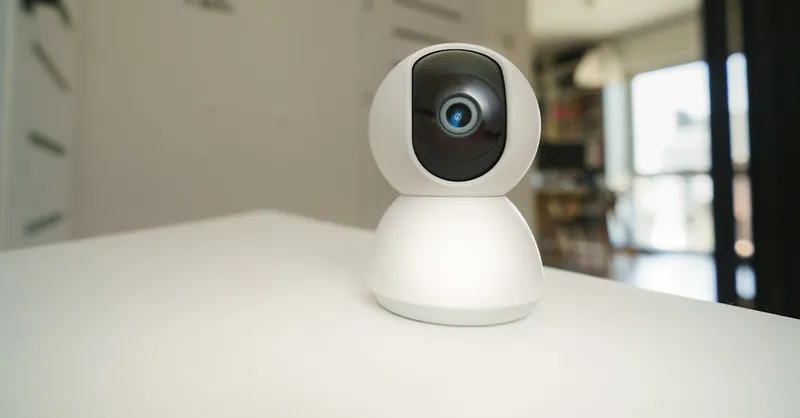 Close-up of a smart home surveillance camera on a table in an interior setting