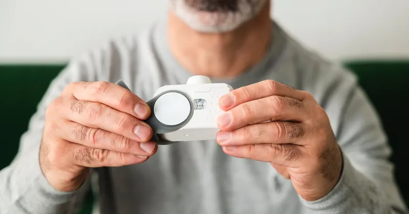 A close-up of a man using a handheld air quality analyzer, focusing on health and technology.